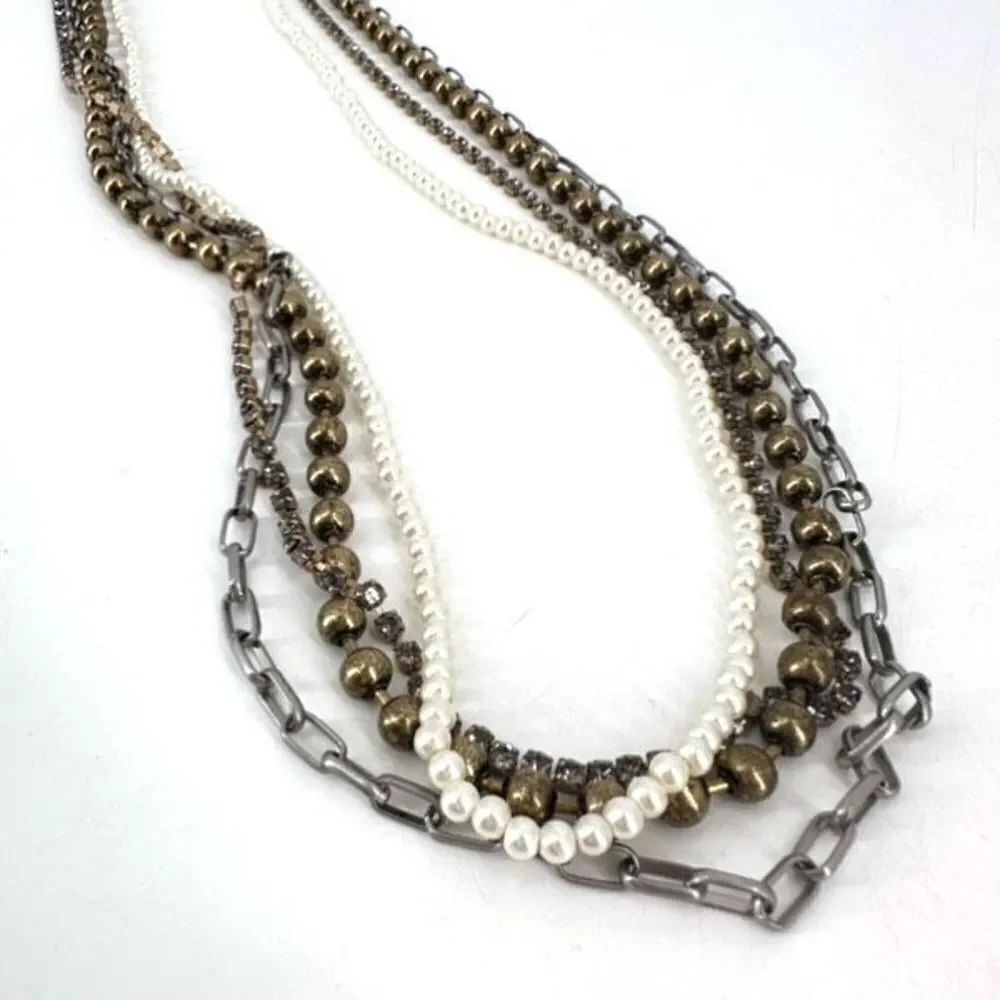 Chico’s layered rhinestone and faux pearl multi-strand two‎ tone necklace